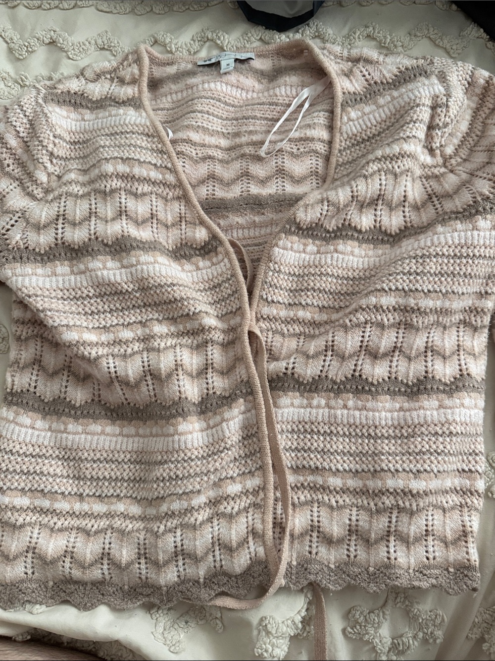 Jessica Simpson Cream and Taupe Striped Tie-Front Open-Knit Cardigan